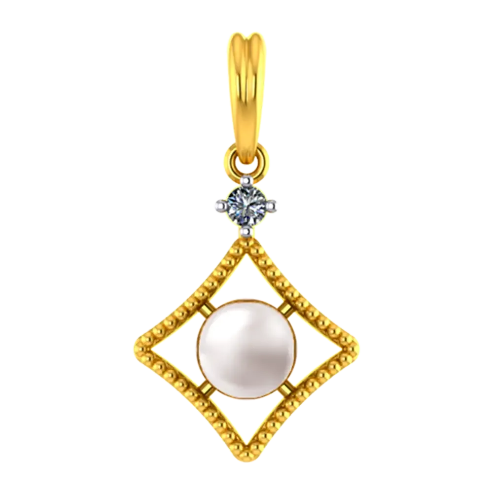 14k Diamond Shaped Gold Pendant With A Pearl And Stone Detailing