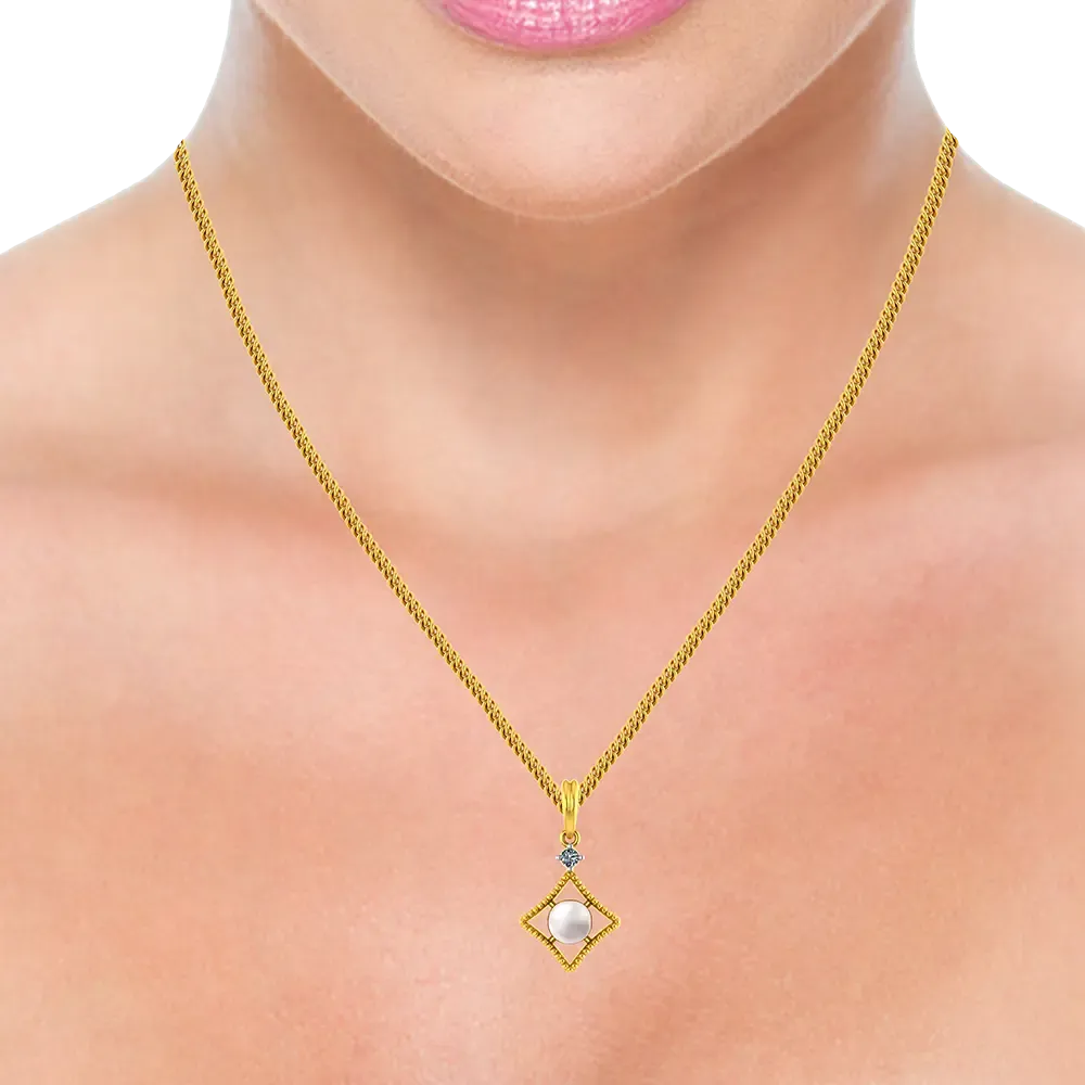 14k Diamond Shaped Gold Pendant With A Pearl And Stone Detailing