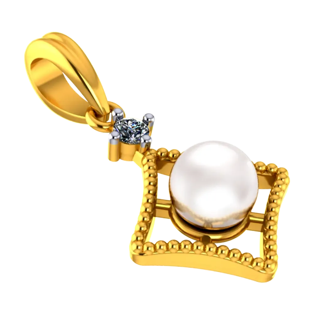 14k Diamond Shaped Gold Pendant With A Pearl And Stone Detailing