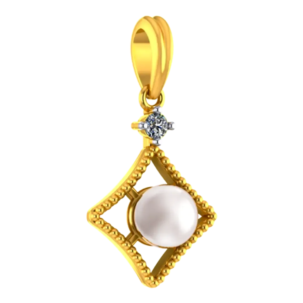 14k Diamond Shaped Gold Pendant With A Pearl And Stone Detailing