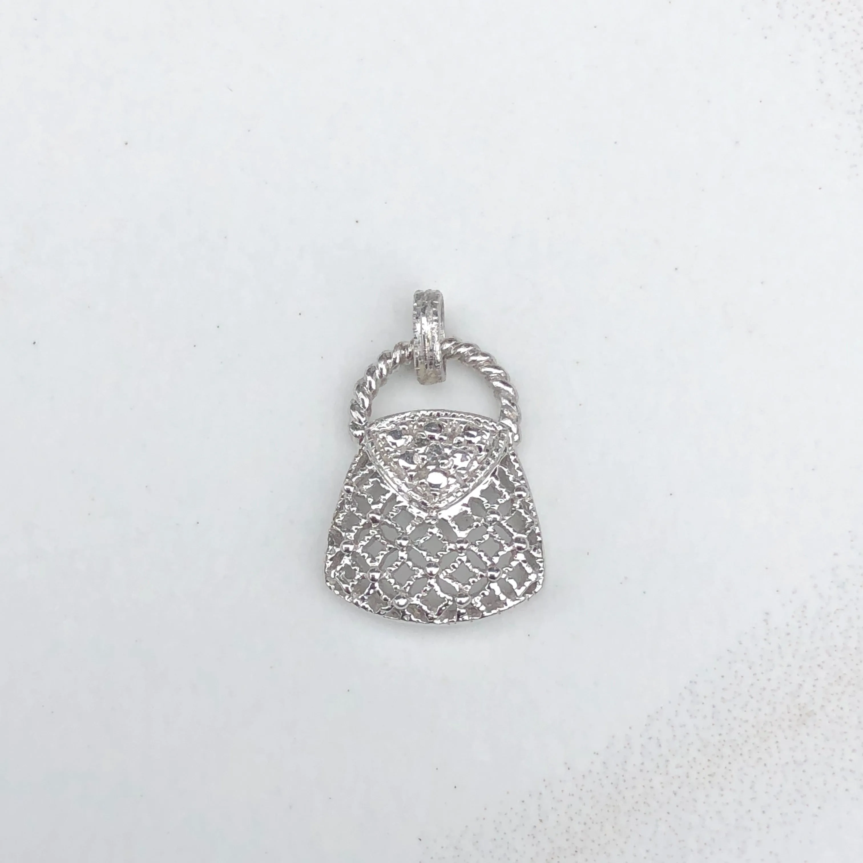 14KT White Gold Pave Diamond Purse Handbag Vintage Inspired Pendant