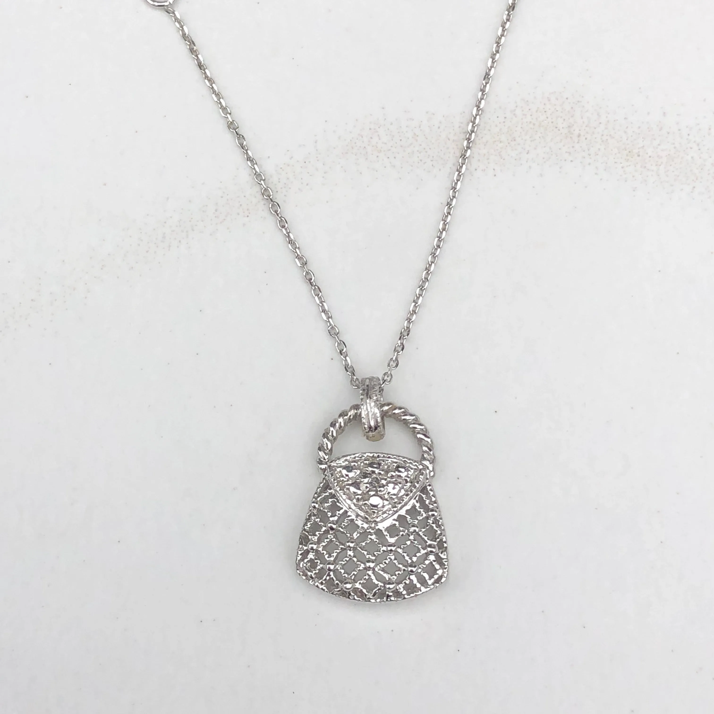 14KT White Gold Pave Diamond Purse Handbag Vintage Inspired Pendant