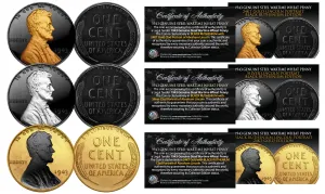 1943 Genuine Steel Wartime Wheat Penny U.S. Coin SET of 3 Rare Metal Versions (Black Ruthenium, Silver, 24K Gold)