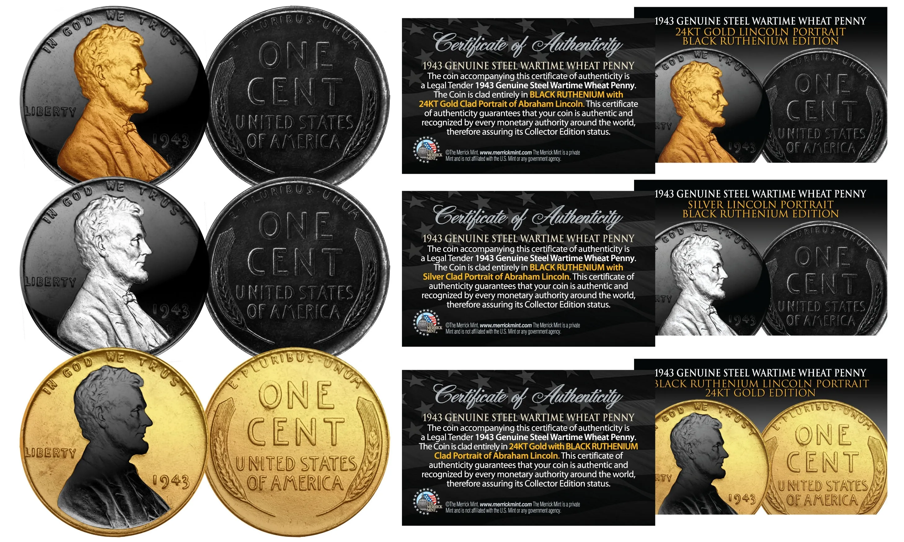 1943 Genuine Steel Wartime Wheat Penny U.S. Coin SET of 3 Rare Metal Versions (Black Ruthenium, Silver, 24K Gold)