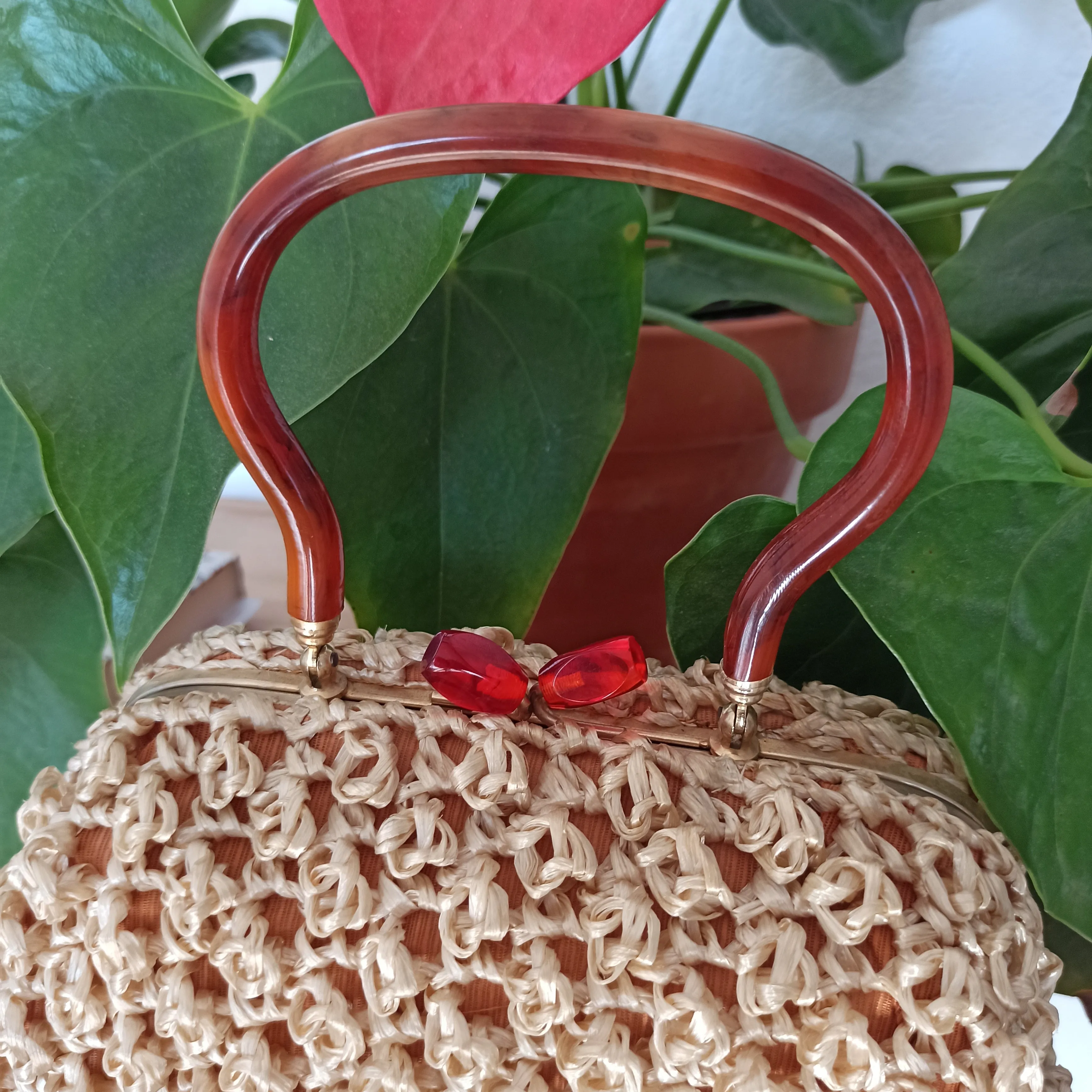 1950s - Fabulous Gold & Rubies Hardcase Raffia Handbag