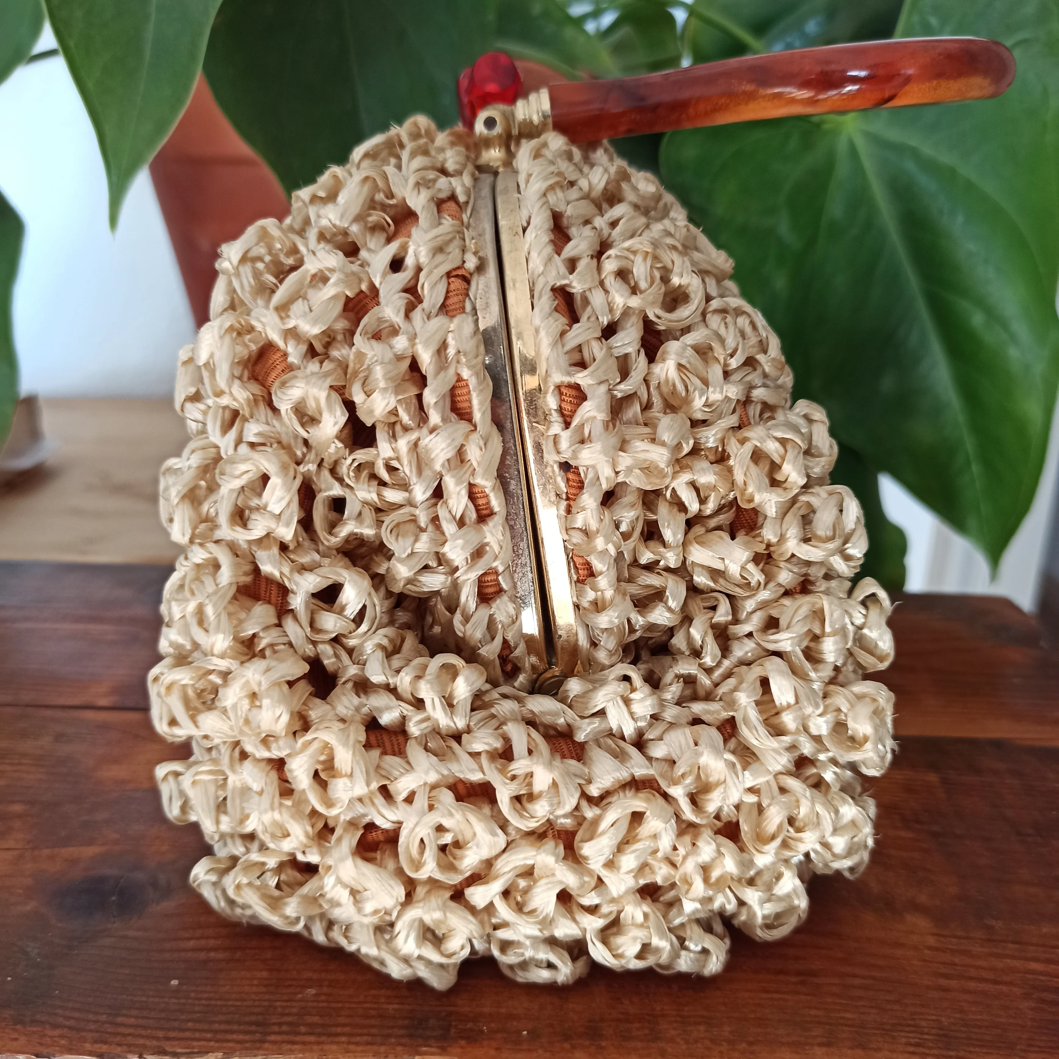 1950s - Fabulous Gold & Rubies Hardcase Raffia Handbag