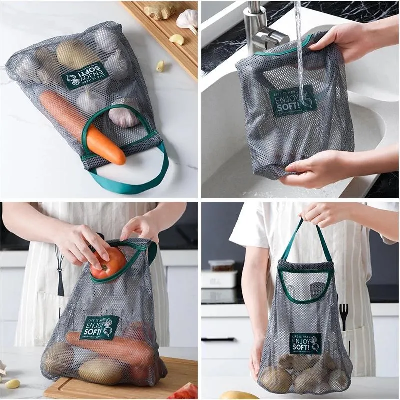 2pcs Hanging Mesh Storage Bag for Fruit Vegetable Garlic Onion