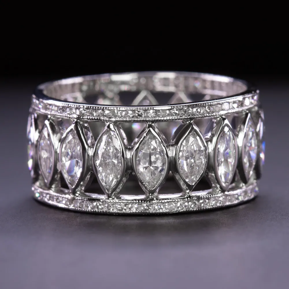 4ct VINTAGE OLD CUT MARQUISE DIAMOND ETERNITY RING WIDE PLATINUM BAND ART DECO