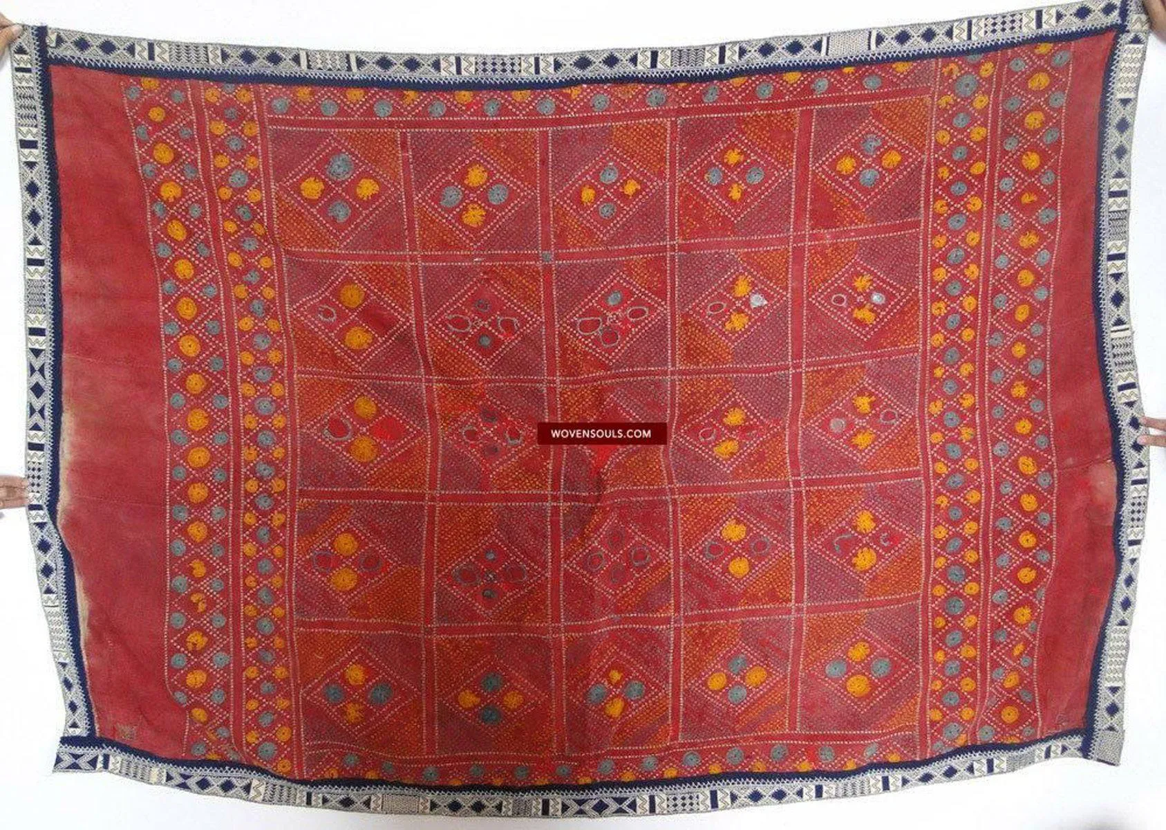 619 SOLD Old Cotton Bishnoi Wedding Shawl with Tie-Dye-effect Embroidery