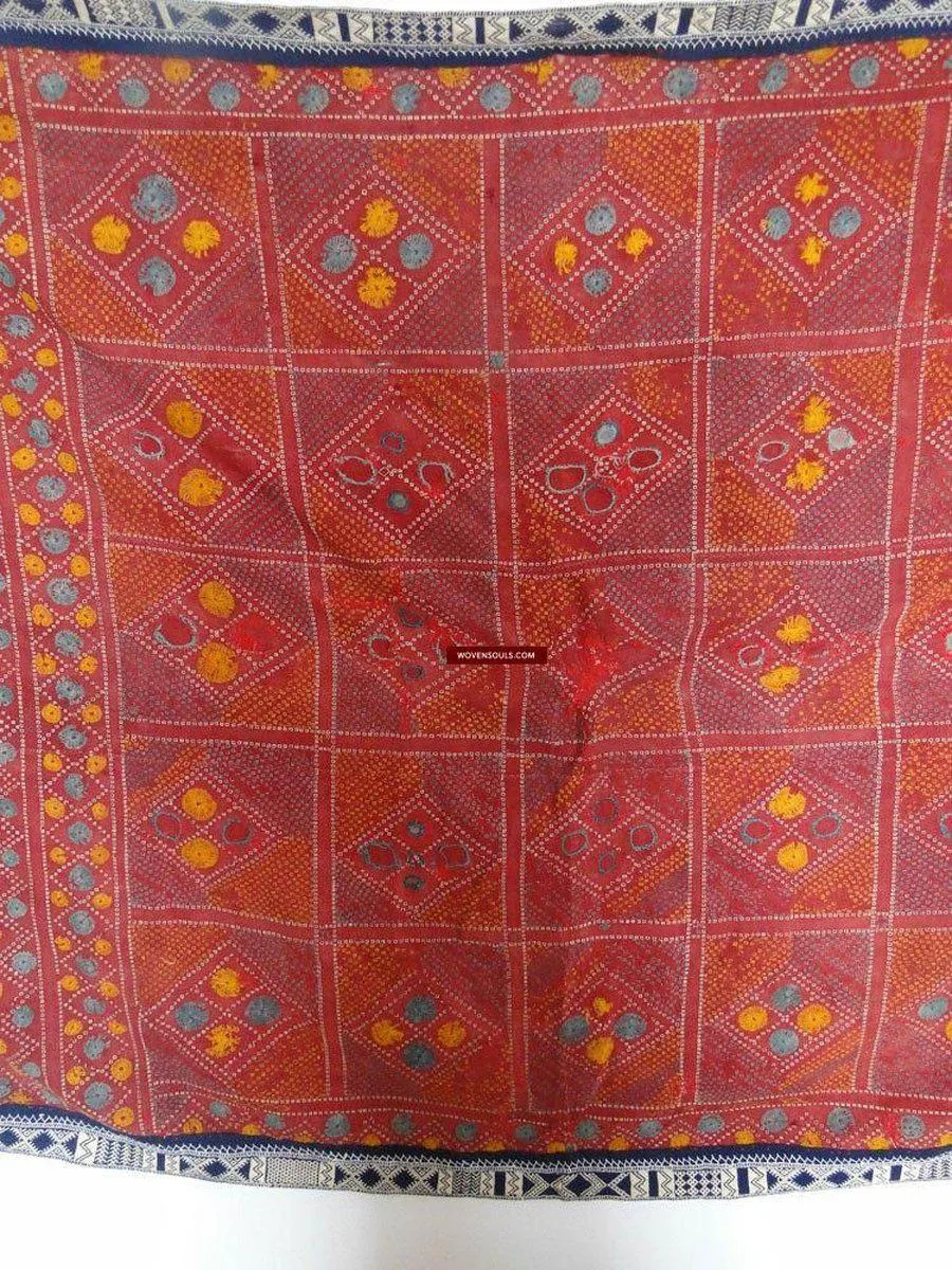 619 SOLD Old Cotton Bishnoi Wedding Shawl with Tie-Dye-effect Embroidery