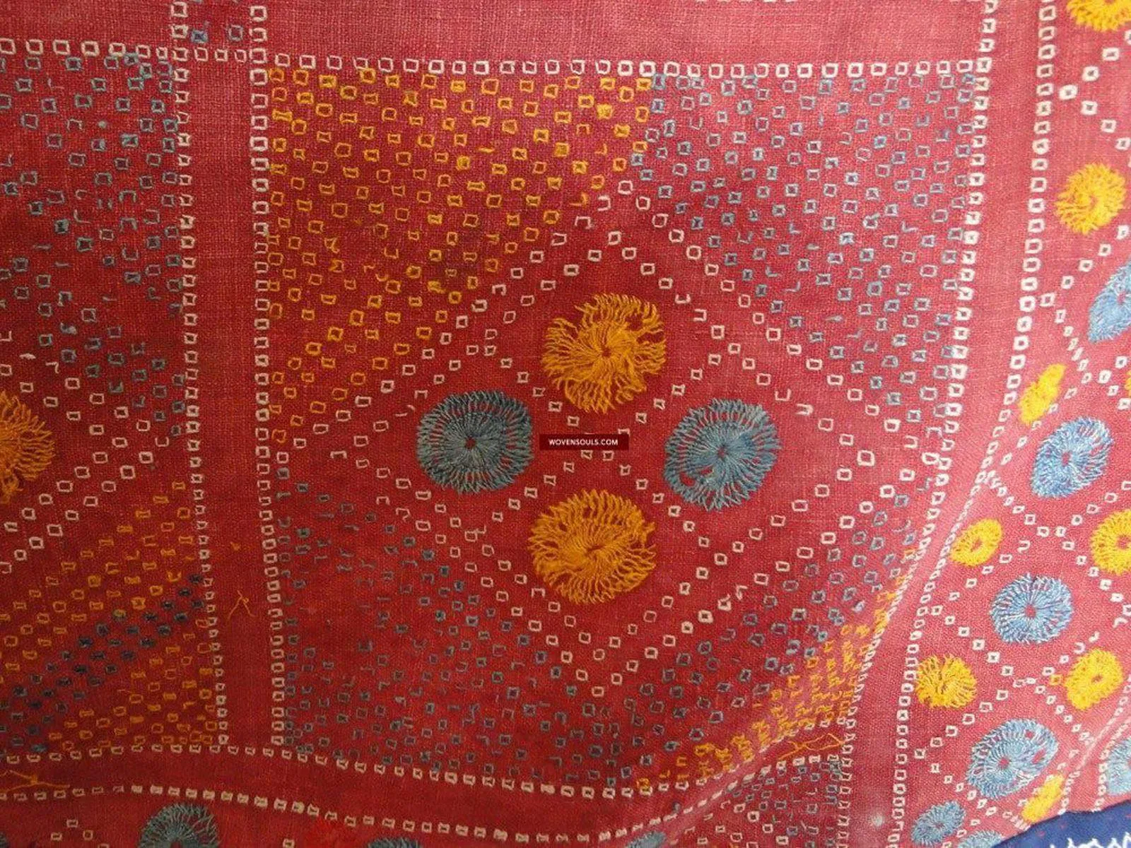 619 SOLD Old Cotton Bishnoi Wedding Shawl with Tie-Dye-effect Embroidery