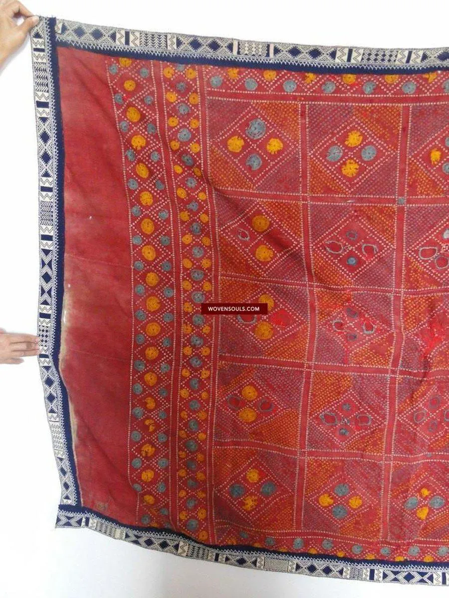 619 SOLD Old Cotton Bishnoi Wedding Shawl with Tie-Dye-effect Embroidery