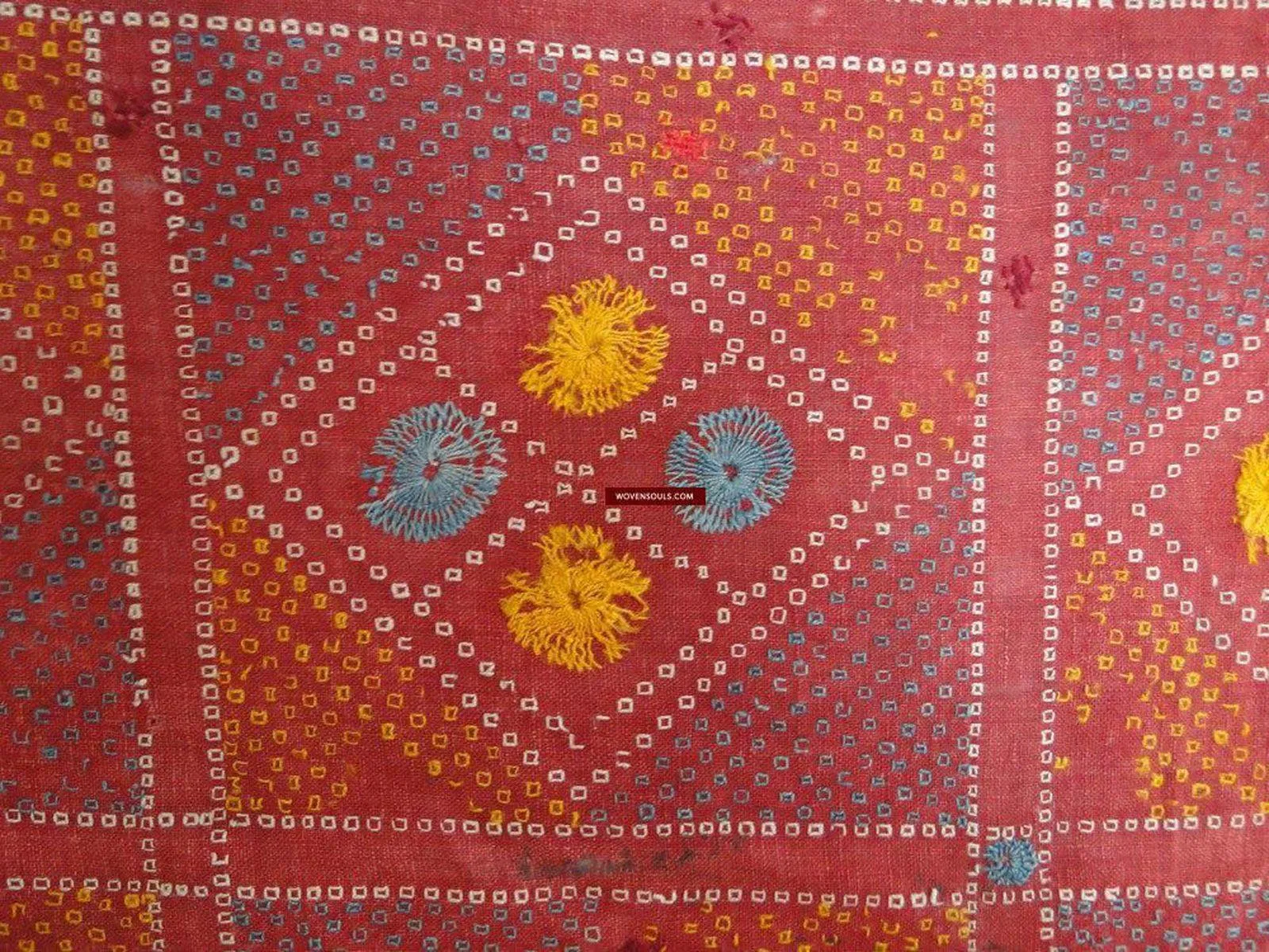 619 SOLD Old Cotton Bishnoi Wedding Shawl with Tie-Dye-effect Embroidery