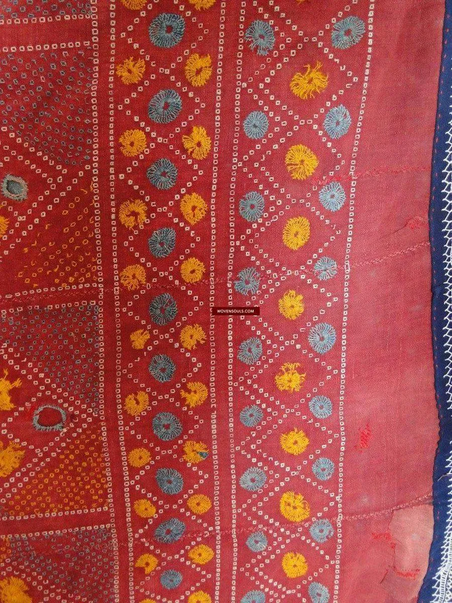 619 SOLD Old Cotton Bishnoi Wedding Shawl with Tie-Dye-effect Embroidery
