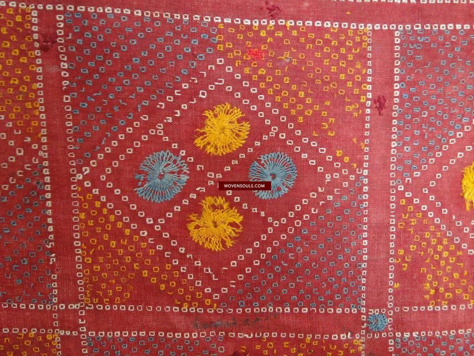 619 SOLD Old Cotton Bishnoi Wedding Shawl with Tie-Dye-effect Embroidery