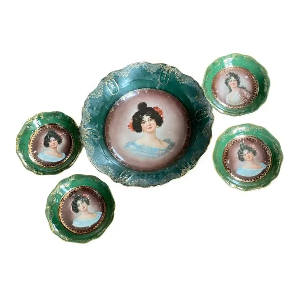 Antique Green bowl with Lady and 4 small bowls, Chrysanthemum Pattern