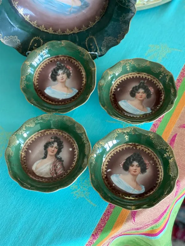 Antique Green bowl with Lady and 4 small bowls, Chrysanthemum Pattern