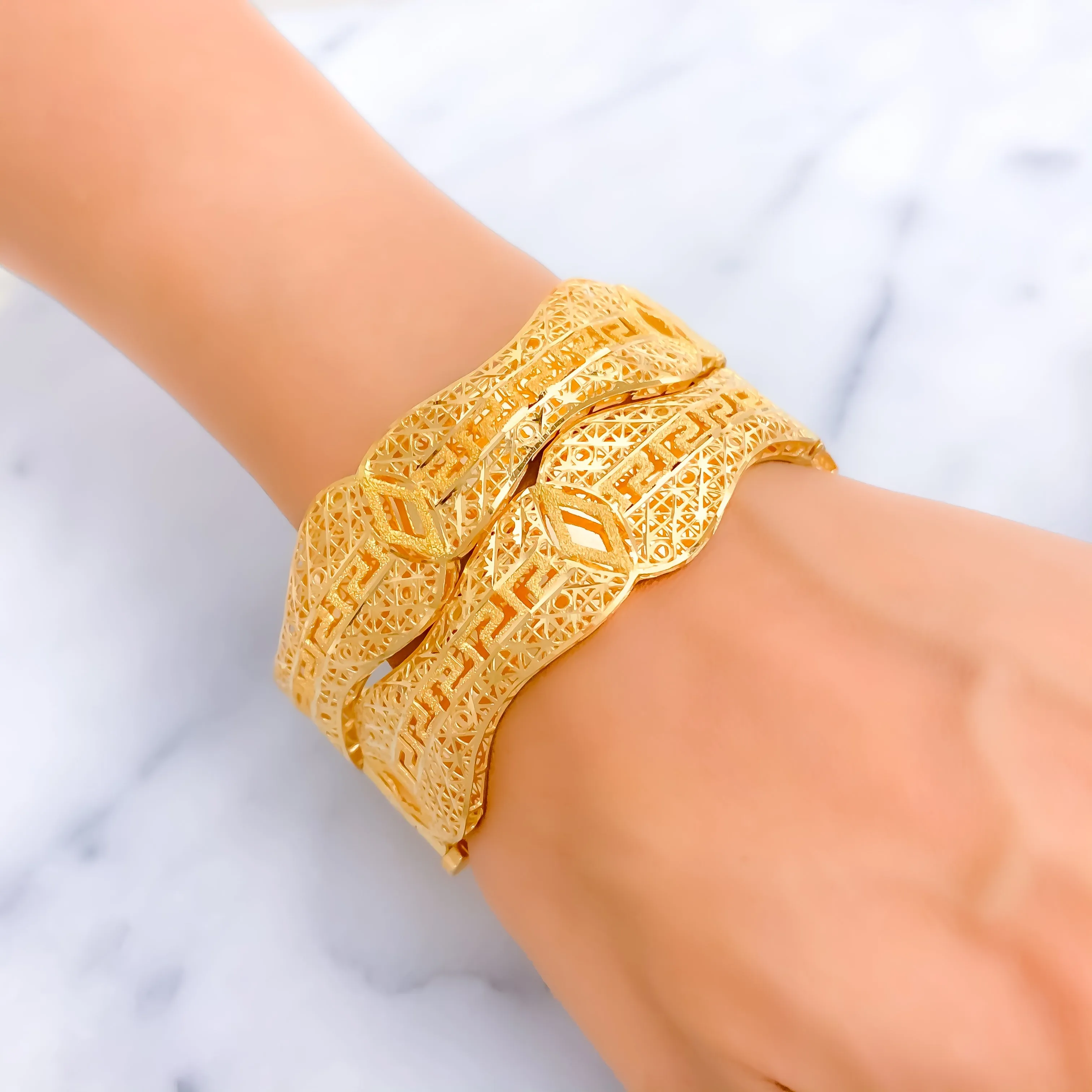 Artistic Sculptural 21k Gold Mesh Bangles
