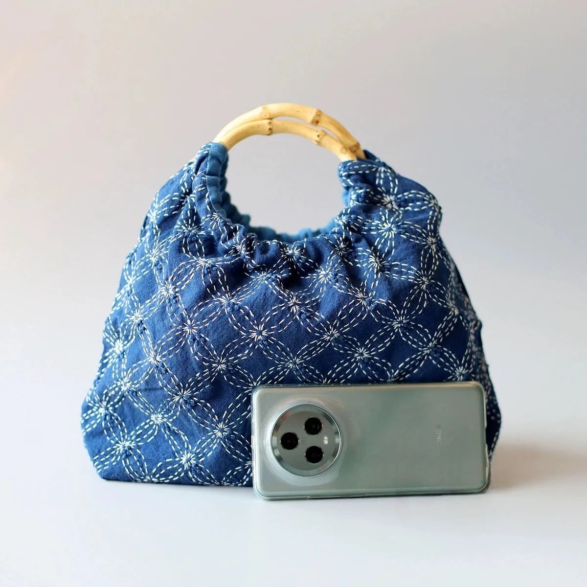 Bamboo-Handled Tie-Dye Sashiko Handbag