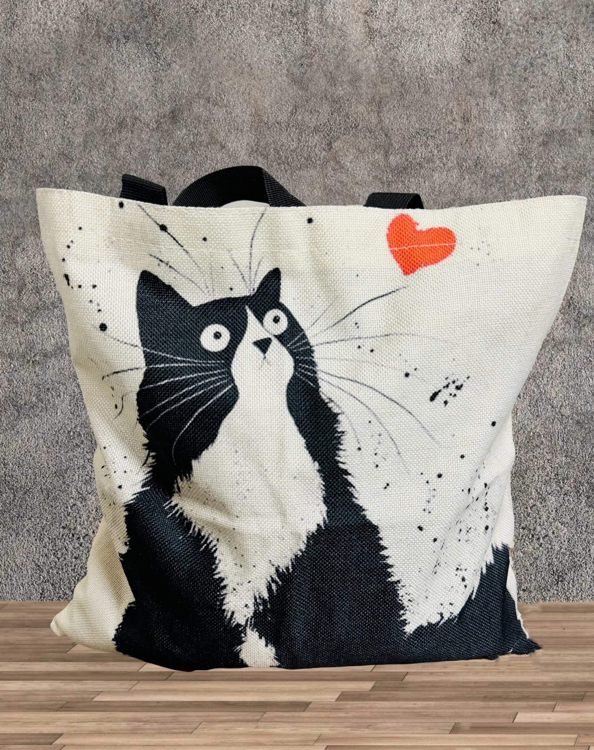 Beige-Black Cat Linen Tote Bag