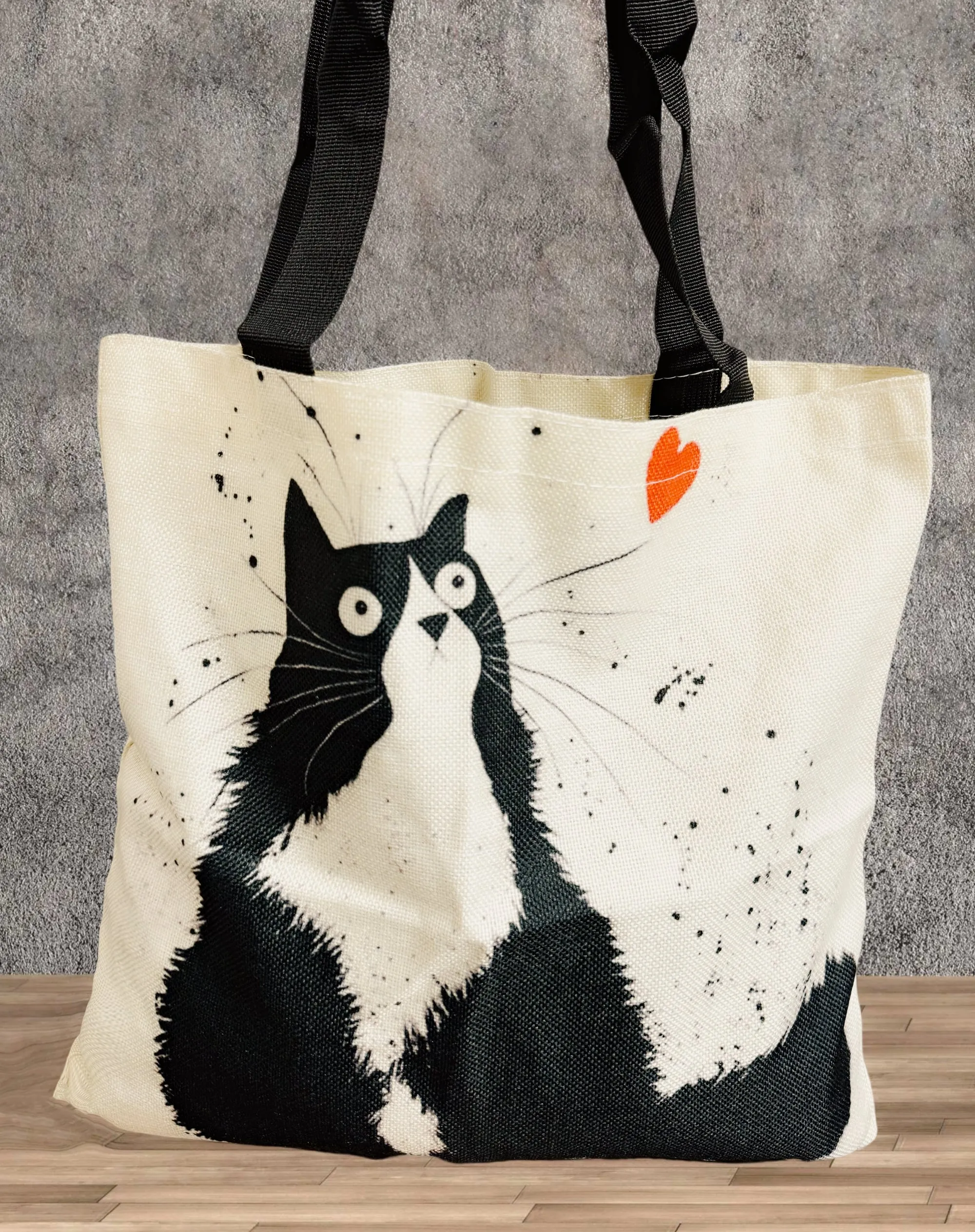Beige-Black Cat Linen Tote Bag