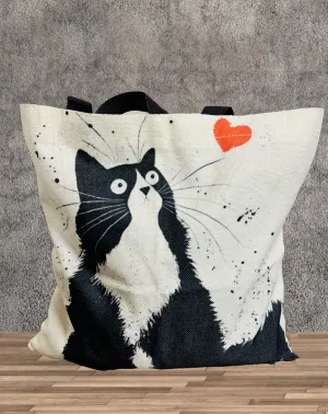 Beige-Black Cat Linen Tote Bag