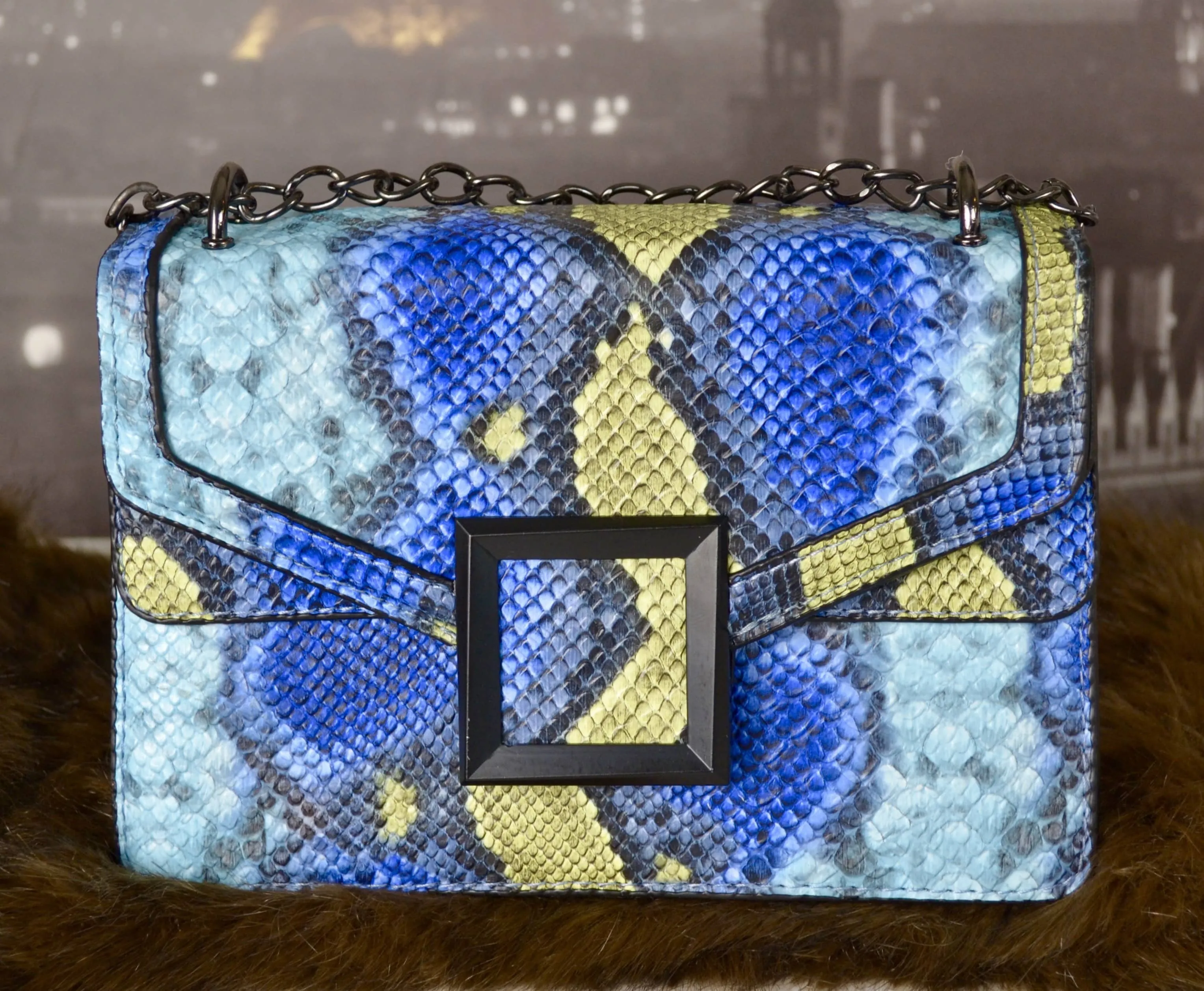 BLUE Women's Fashion Snakeskin Crossbody Bag Convertible Shoulder Bag with Chain Strap