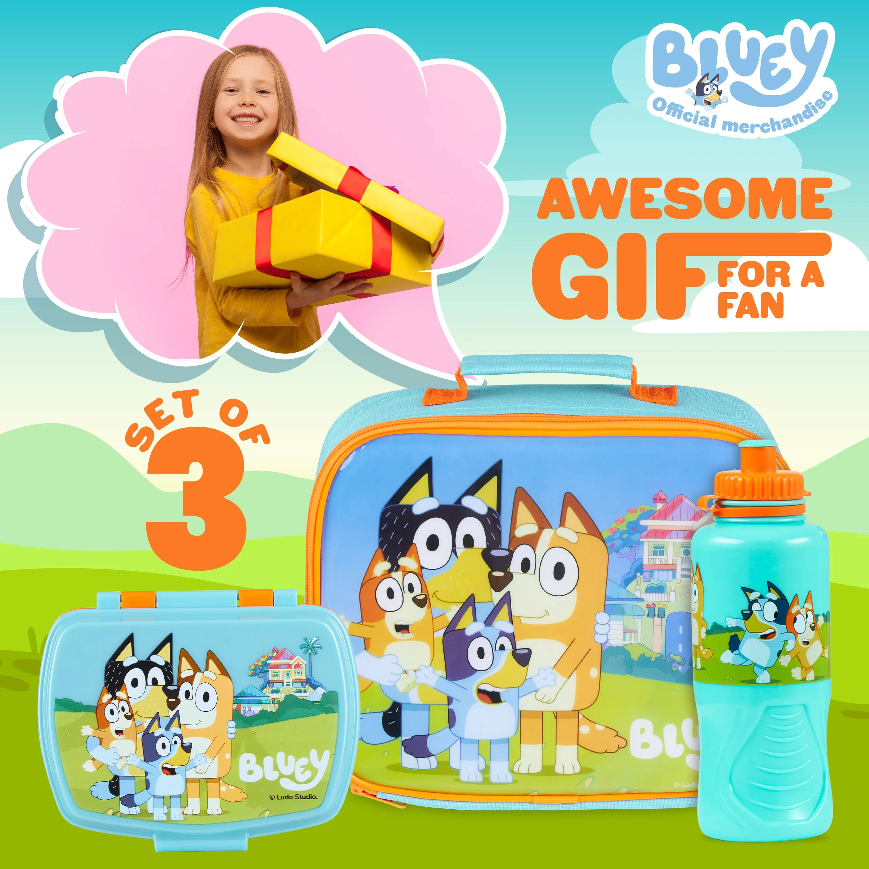 Bluey Lunch Box 3 Piece Set with Insulated Lunch Bag Snack Box BPA Free 430ml Water Bottle