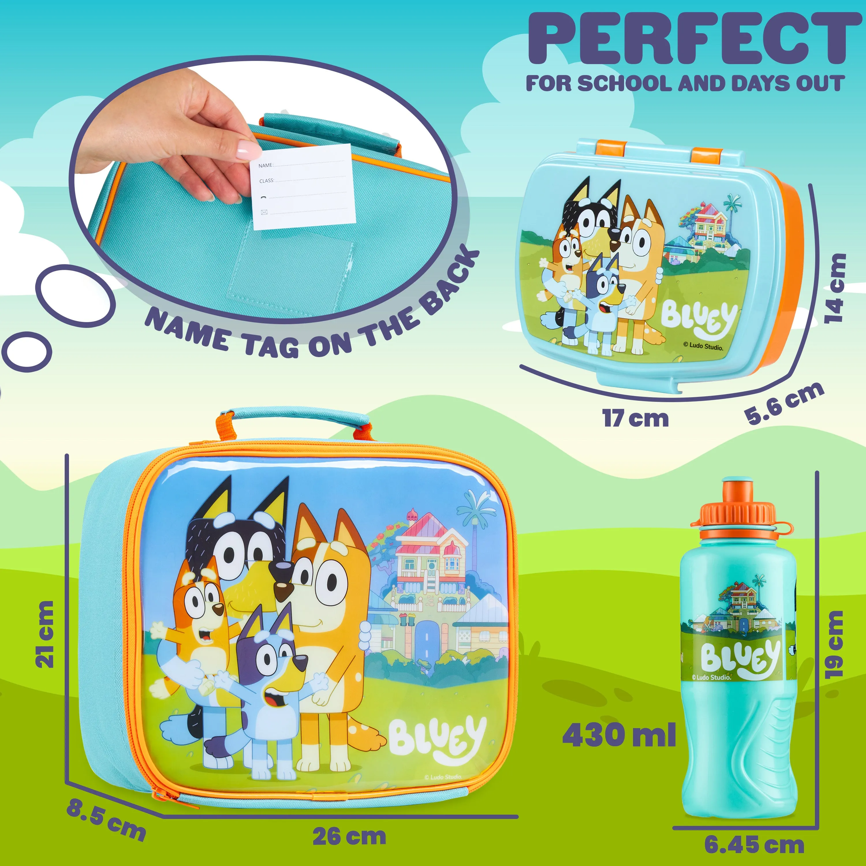 Bluey Lunch Box 3 Piece Set with Insulated Lunch Bag Snack Box BPA Free 430ml Water Bottle