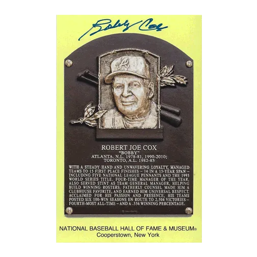 Bobby Cox Autographed Hall of Fame Plaque Postcard (JSA)
