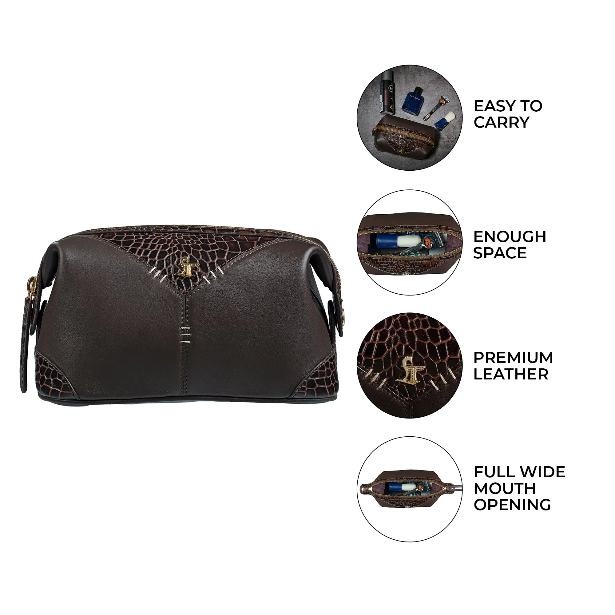 Bom Leather Toiletry / Shaving Kit Bag | For Carrying Grooming Essentials & Travel | Makeup Storage for Men & Women |Color: Brown