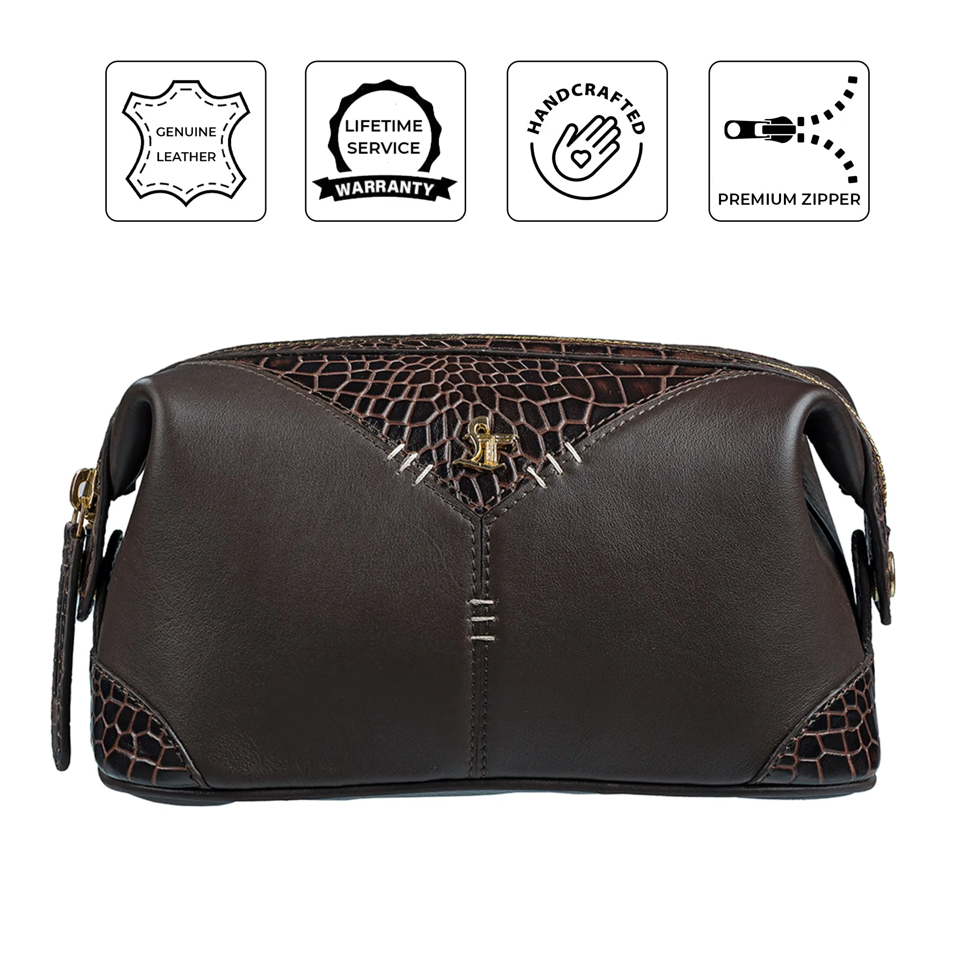 Bom Leather Toiletry / Shaving Kit Bag | For Carrying Grooming Essentials & Travel | Makeup Storage for Men & Women |Color: Brown
