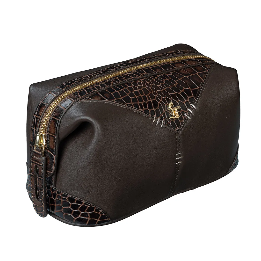 Bom Leather Toiletry / Shaving Kit Bag | For Carrying Grooming Essentials & Travel | Makeup Storage for Men & Women |Color: Brown