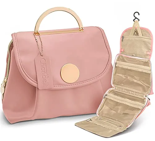 Chandelli Travel Toiletry Bag for Women for Travel Size Toiletries, Perfect Gifts for Mom, Coolest Gifts for Women Who Have Everything, Great Hanging Makeup & Cosmetic Bag Too (Pink, Medium)