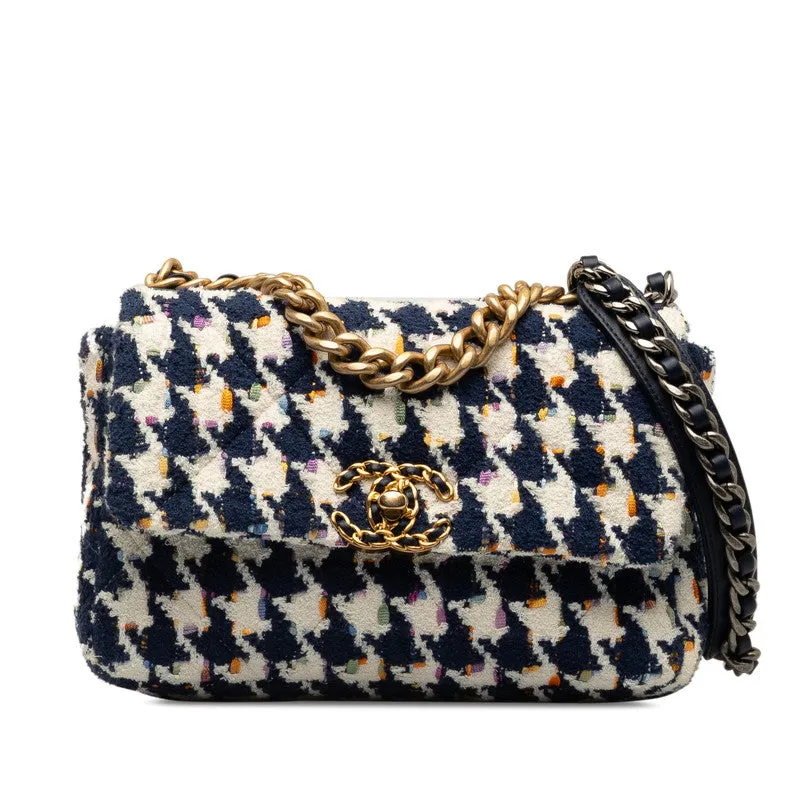 Chanel 19 Chain Shoulder Bag White Navy Multicolor Tweed Leather  Chanel