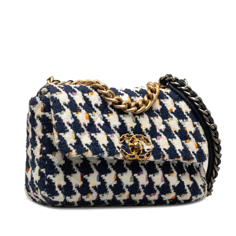 Chanel 19 Chain Shoulder Bag White Navy Multicolor Tweed Leather  Chanel