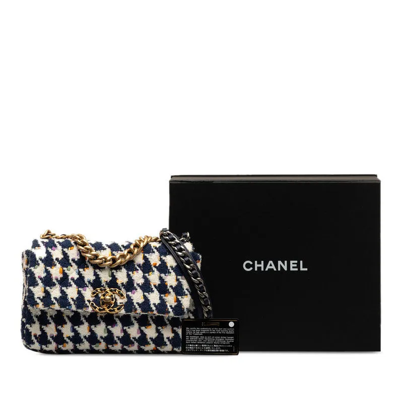 Chanel 19 Chain Shoulder Bag White Navy Multicolor Tweed Leather  Chanel