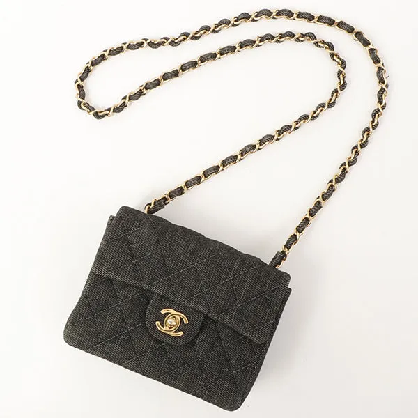 Chanel Around 1998 Made Denim Classic Flap Chain Bag Mini Black