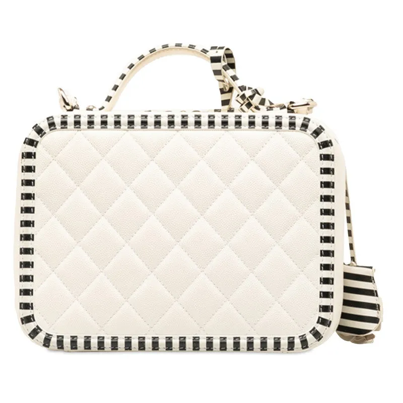 Chanel CC Filigree Chain Shoulder Bag Vanity Bag White Black Canvas  CHANEL