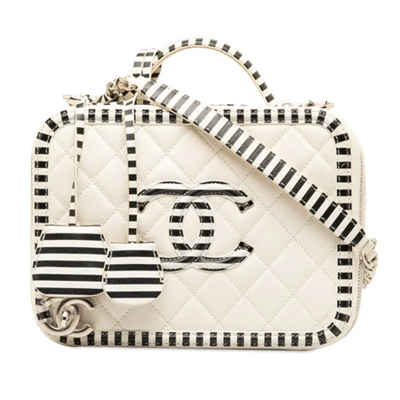Chanel CC Filigree Chain Shoulder Bag Vanity Bag White Black Canvas  CHANEL