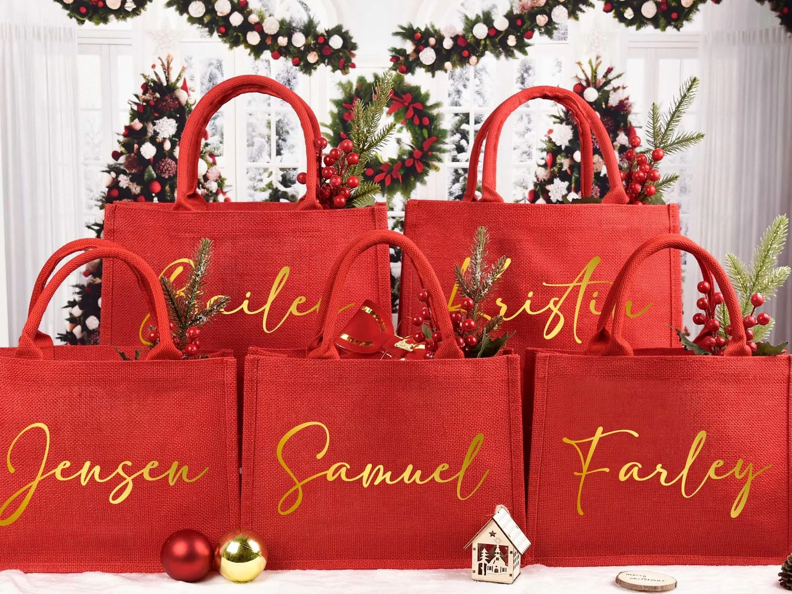 Christmas Gift Bags,Red Christmas party bags,Holiday Gift Bags with Name,Christmas Burlap Bags,Christmas sacks, Red Tote Bag