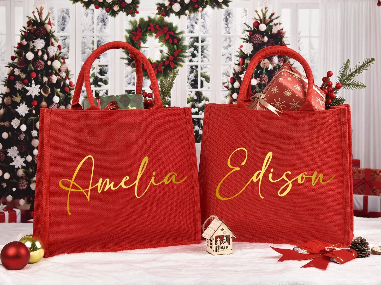 Christmas Gift Bags,Red Christmas party bags,Holiday Gift Bags with Name,Christmas Burlap Bags,Christmas sacks, Red Tote Bag