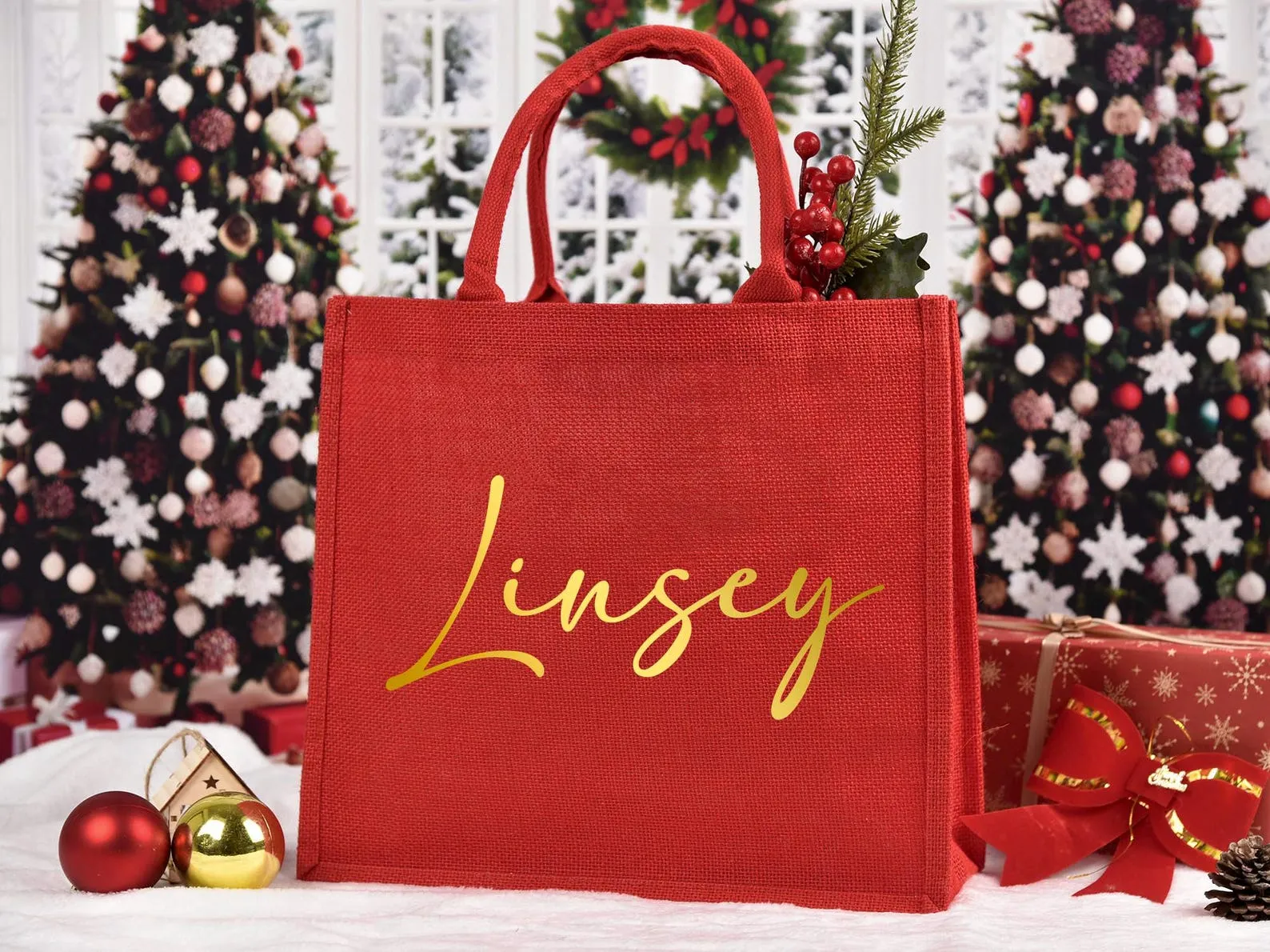 Christmas Gift Bags,Red Christmas party bags,Holiday Gift Bags with Name,Christmas Burlap Bags,Christmas sacks, Red Tote Bag