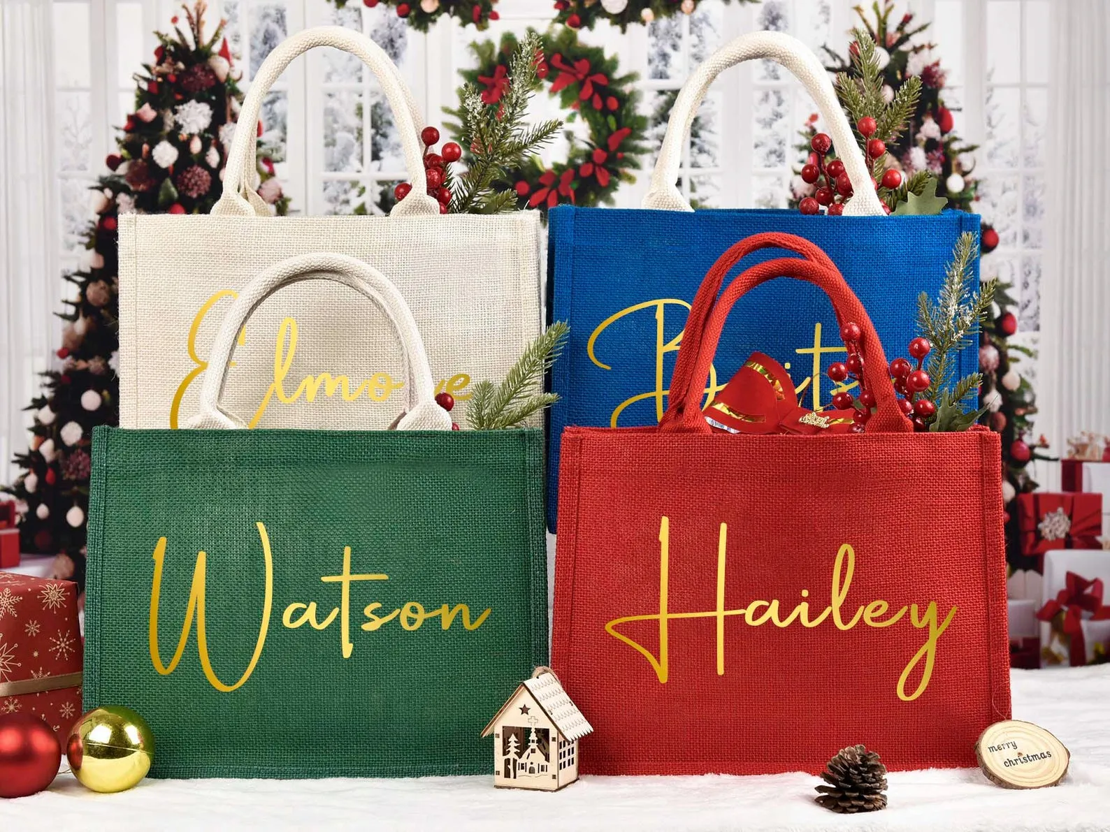Christmas Gift Bags,Red Christmas party bags,Holiday Gift Bags with Name,Christmas Burlap Bags,Christmas sacks, Red Tote Bag