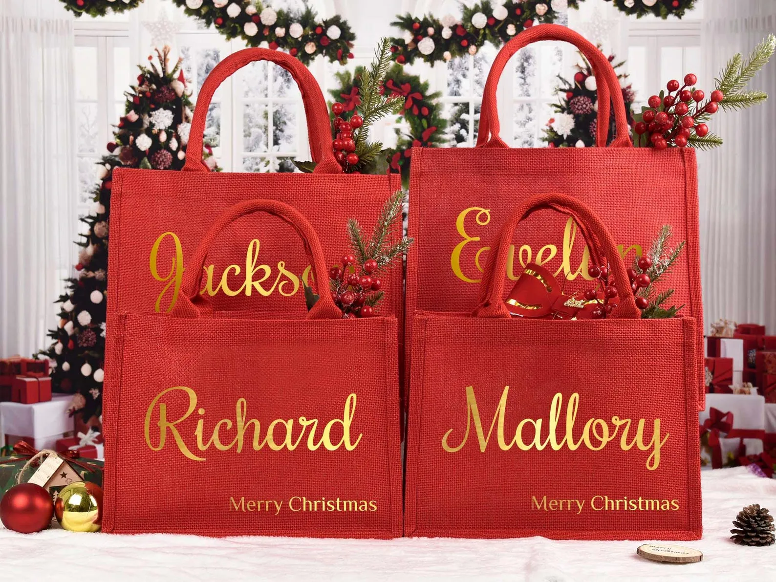Christmas Gift Bags,Red Christmas party bags,Holiday Gift Bags with Name,Christmas Burlap Bags,Christmas sacks, Red Tote Bag