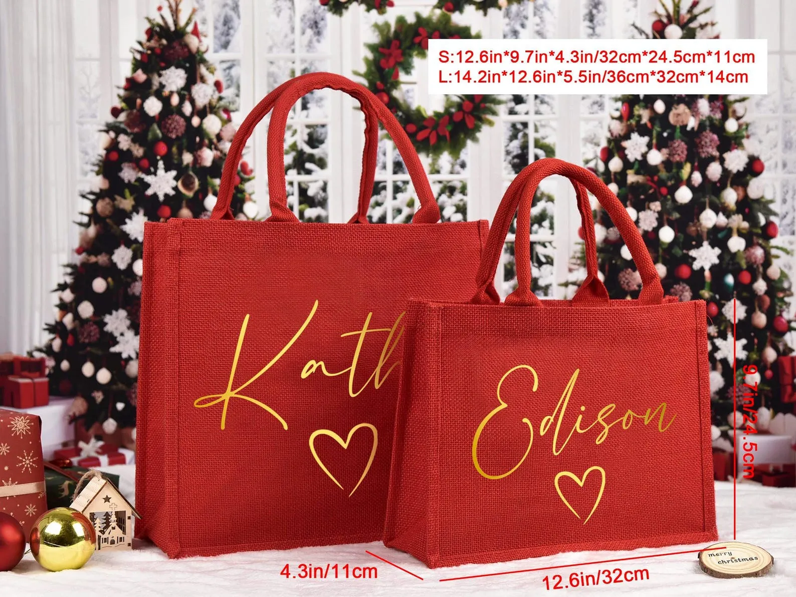 Christmas Gift Bags,Red Christmas party bags,Holiday Gift Bags with Name,Christmas Burlap Bags,Christmas sacks, Red Tote Bag
