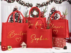Christmas Gift Bags,Red Christmas party bags,Holiday Gift Bags with Name,Christmas Burlap Bags,Christmas sacks, Red Tote Bag
