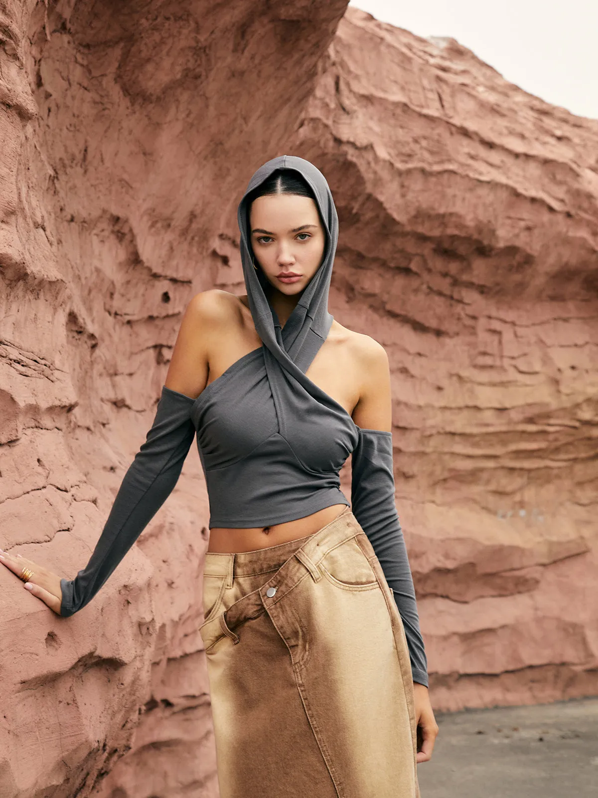 Cross-Over Neck Graceful Hooded Top