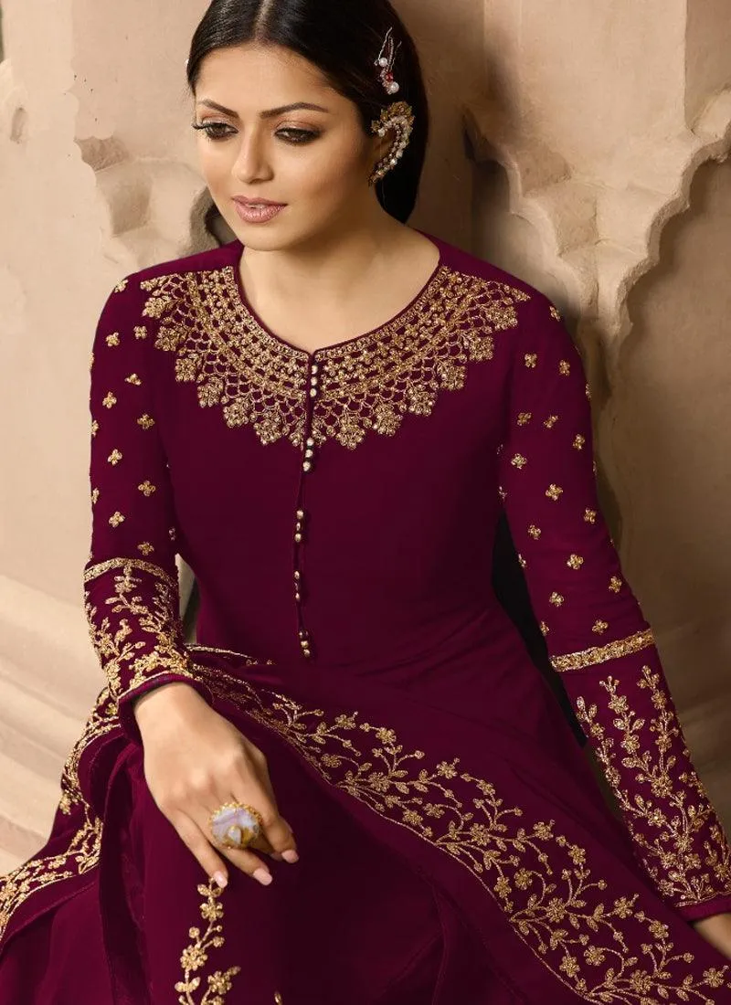 Dark Purple Georgette Base Wedding Wear Embroidery Work Anarkali Suit