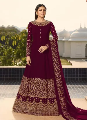 Dark Purple Georgette Base Wedding Wear Embroidery Work Anarkali Suit
